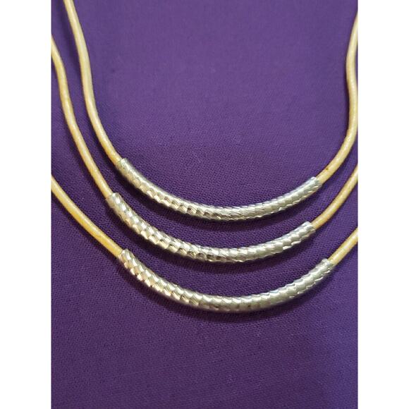 Cookie Lee Signed Layered Necklace Coated Tan Cord Silver Tone Curved Bars - Picture 2 of 8